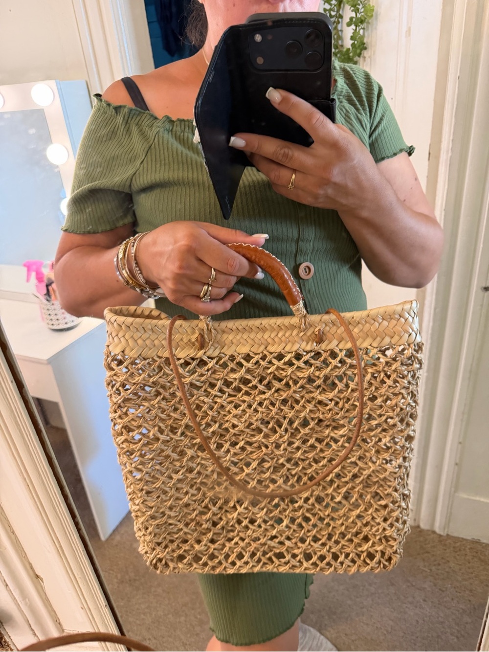 Woven Straw Tote with Brown Leather-Wrapped Handles - Picture 8 of 12